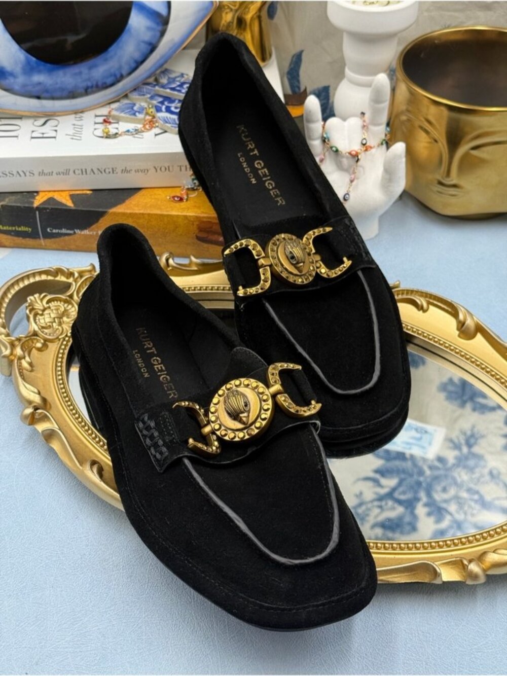 🆕 KURT GEIGER LONDON 🧿 NWOB Mansion Suede Soft Bit Buckle Loafers, Black, Sz 7